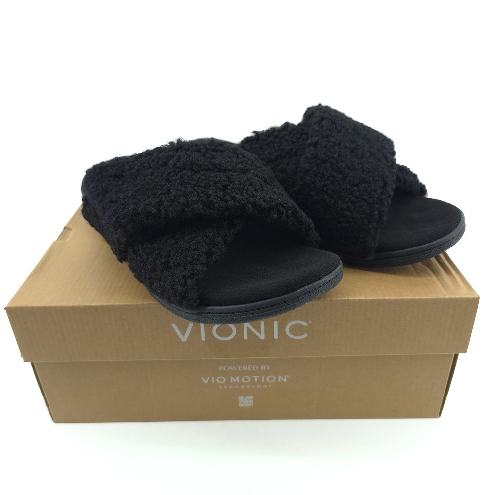 Womens Vionic Relax II Slippers size 10 Black Shearling Orthotic Slide Sandals